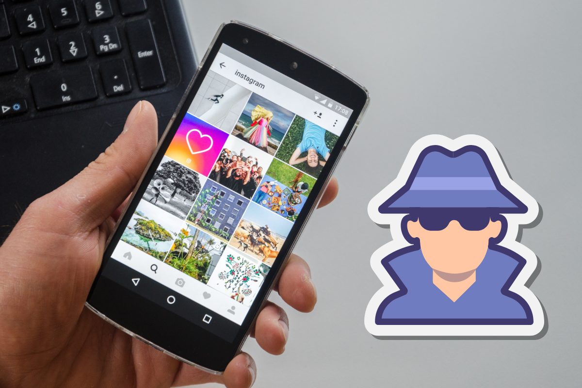 un movil con el Instagram feed abierto y un sticker de de un espia encapuchado