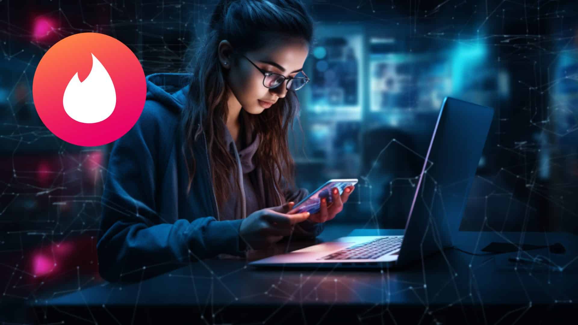 Una chica trabajando en un ordenador para hackear tinder