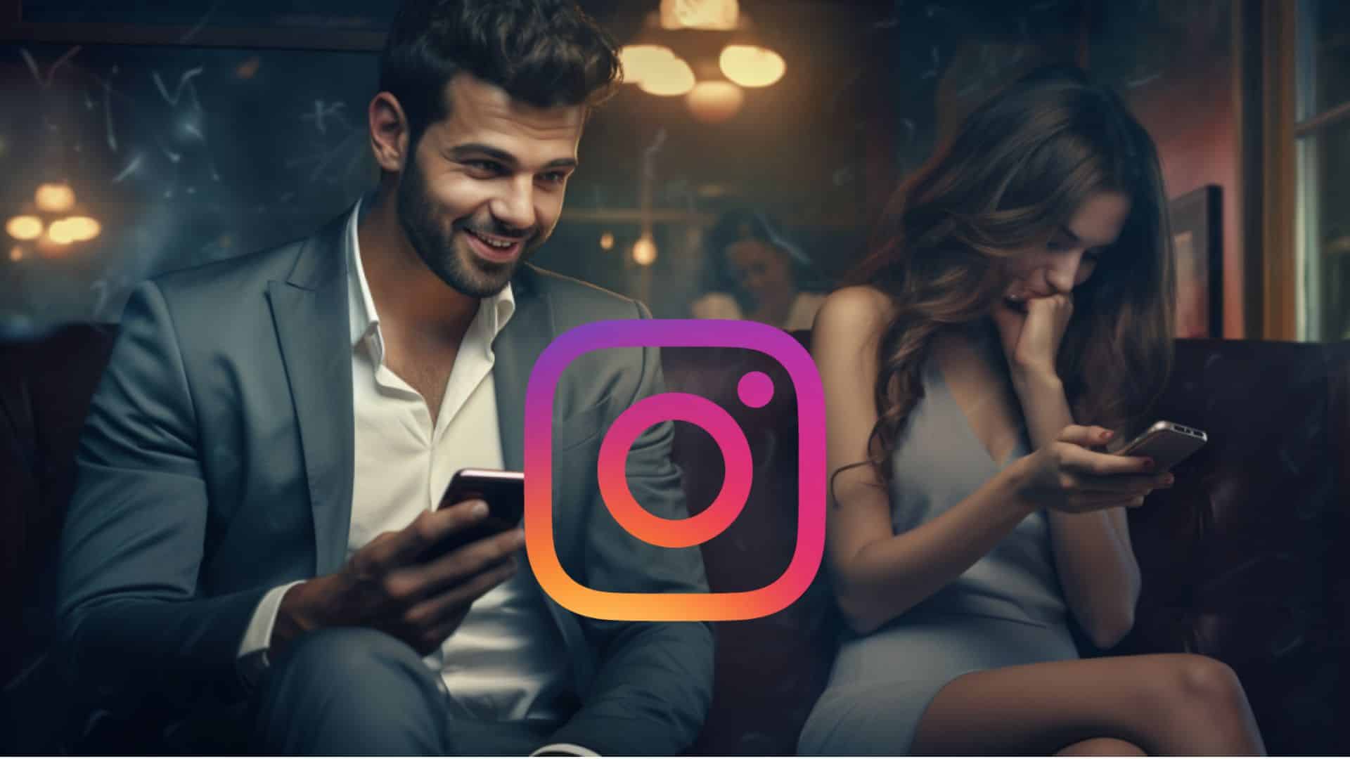 Una mujer sonrie coquetamente mientrass un hombre le envia mensajes por instagram