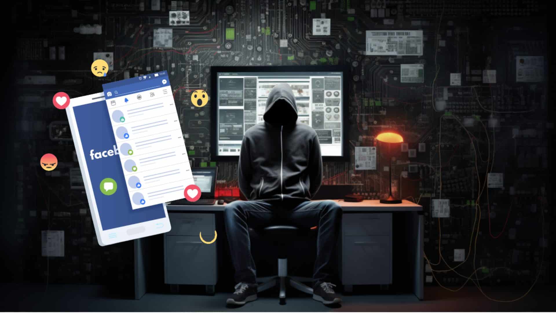 Persona encapuchada frente a un ordenador intentando ver publicaciones ocultas de Facebook