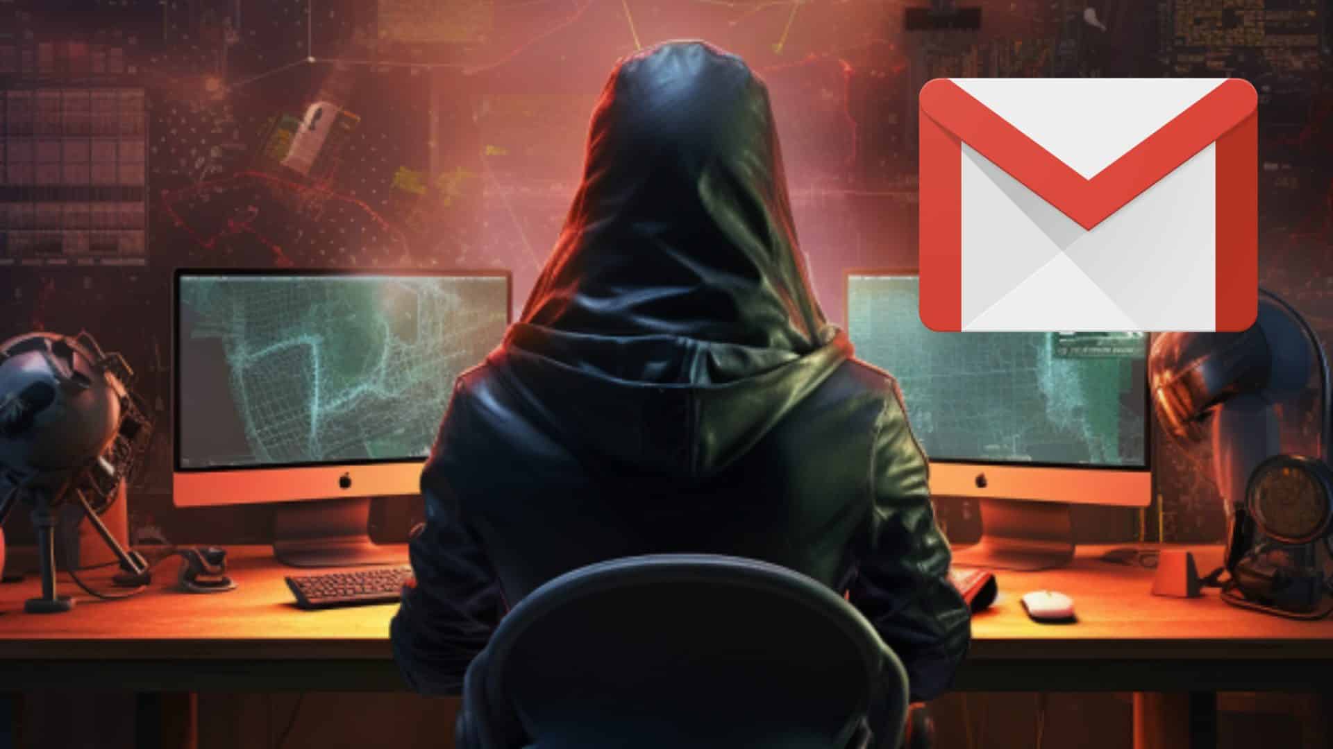 Persona encapuchada sentada delante de dos ordenadores mientras hackea correo Gmail