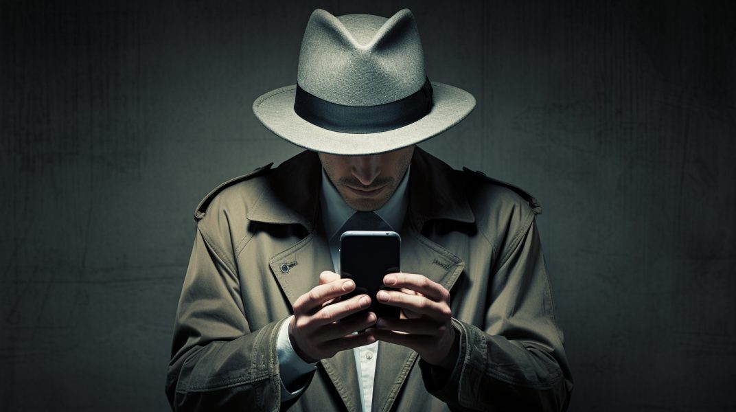 Hombre con sombrero espiando un telefono desde el suyo